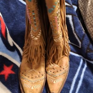 Corral Ladies Brown & Multicolor Crystal Fringe Snip Toe Boots size 10